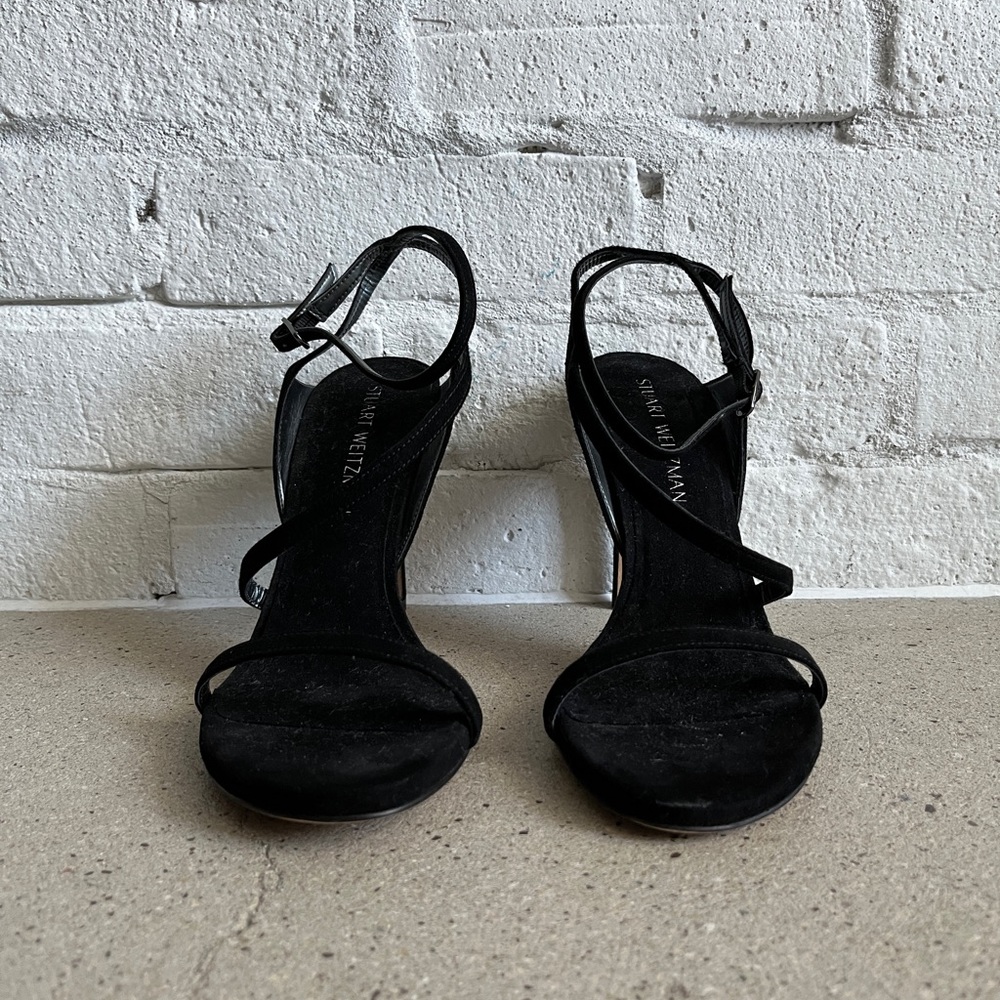 NWOT Stuart Weitzman Black Suede Sandal Heels - Picture 2 of 6